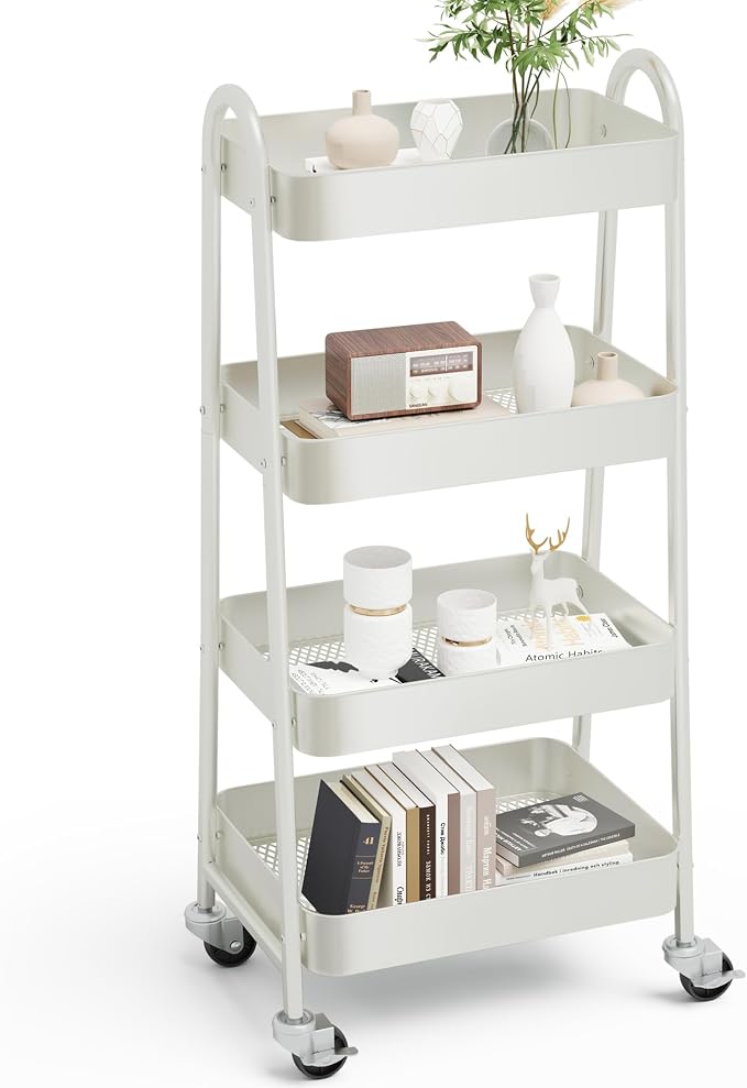 OLIXIS Metal 4 Tiers Rolling Storage Utility Cart with Lockable Wheels | Mobile Organizer Shelf, Space-Saving, Freestanding, Bathroom, Living Room, Slim, Narrow Corner Spaces, White