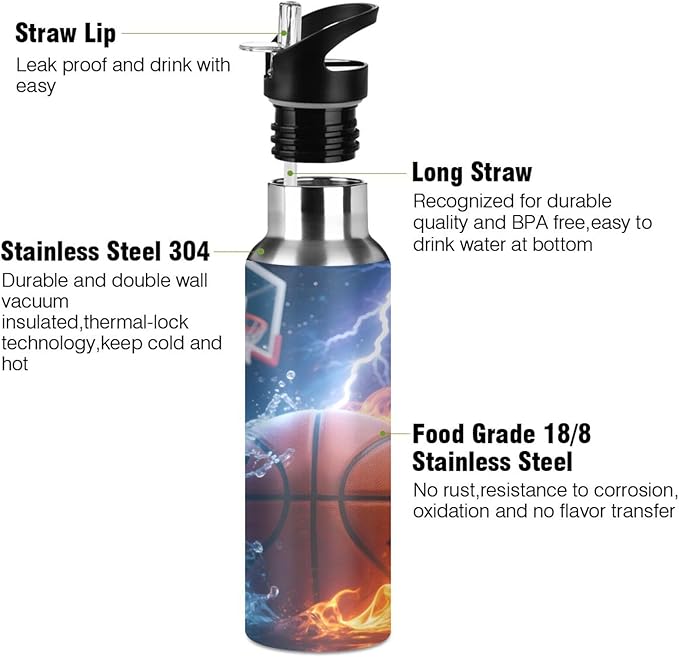 Basketball Fire Lightning Water Bottle with Straw Lid Kids Insulated Stainless Steel Water Flask Sports, 20 Oz Hot Cold
