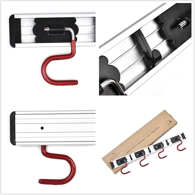 Wall Mounted Mop and Broom Holder Stainless Steel S Type Broom Rack Anti-Slip Mop Organizer (17 Inches,4 Positions 3 Hooks, Red black) (17inch) (Pack of 2)