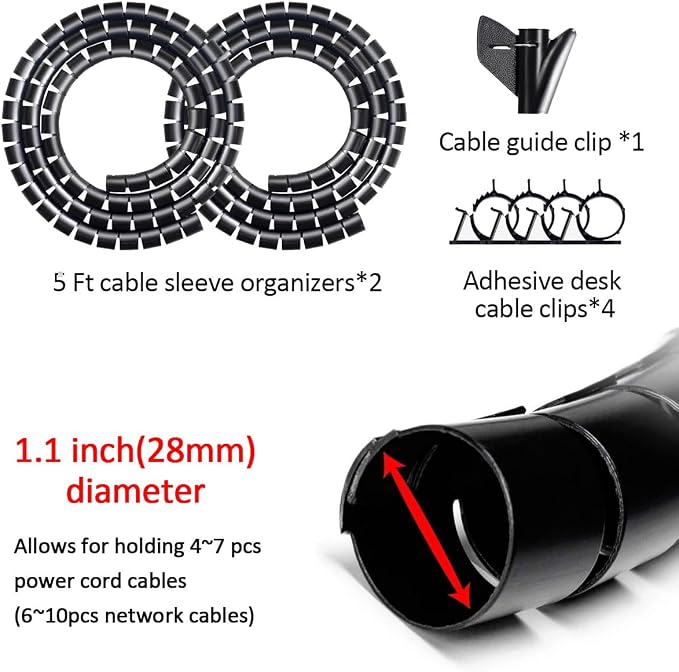 Large PC Cable Management Tube Sleeve Under Desk Wire Organizer for Cords 2 PCS Black, 1.1 inch -5 ft EZ Spiral Cable Wrap Cover Bundler w/Clips for TV Office, Pet Proof Cable Protector
