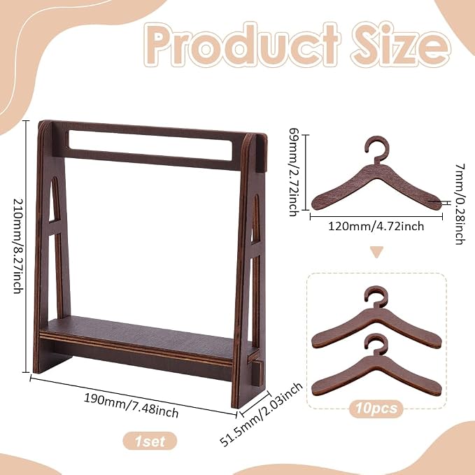 UNICRAFTALE Wood Dog Garment Rack with 10Pcs Wood Pet Clothes Hanger Small Dolls Clothes Racks Coconut Brown Mini Dog Dress up Storage for Doll Pet Cat and Puppy Accessories 7.48"x2.05"x8.27"