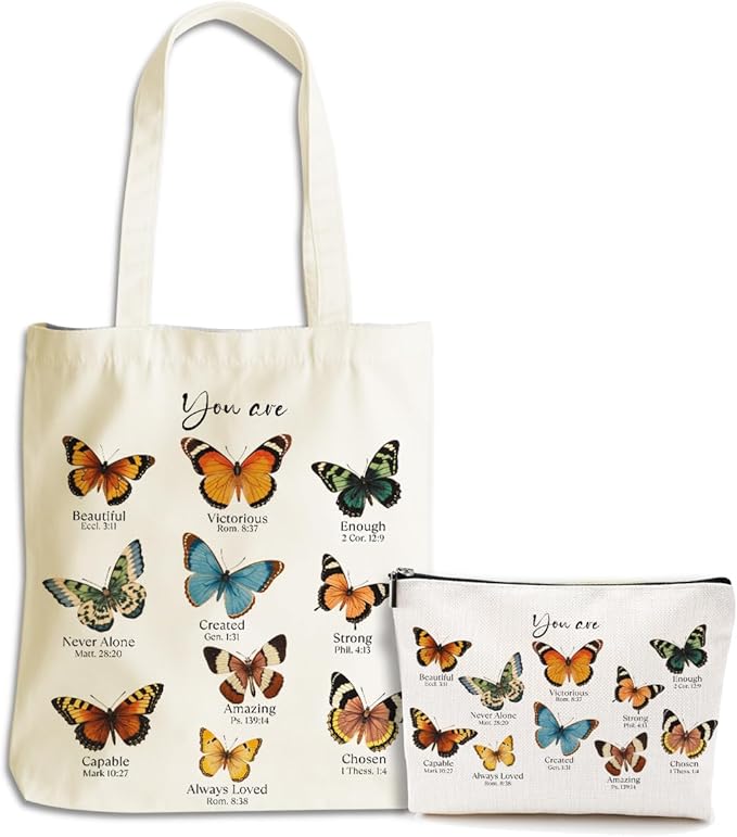 Inspirational Butterfly Gifts Christian Gifts for Women Girls Bestie Sister Religious Makeup Bag Canvas Tote Bag Reusable Grocery Bags with Inner Pocket for Beach Shopping Birthday Friendship