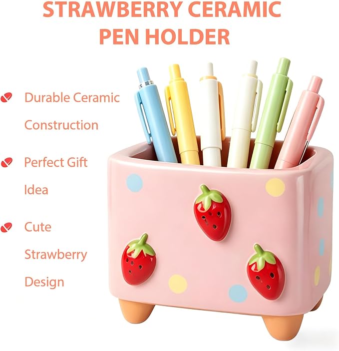 Ceramic Strawberry Pen Pencil Holder Cute Pen Holder for Desk Decoration Accessories Strawberry Decor Office School Ideal Gifts