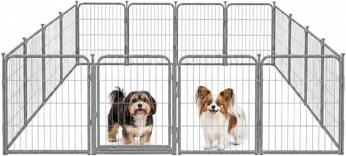 Dog Play Pen for Indoor Use - 24'', 16 Panels for Small and Puppy Size Dogs - Portable Grey PlayPen Kennel for House or Garage - Metal Heavy Duty Pet Fence with Anti-Slip Feet