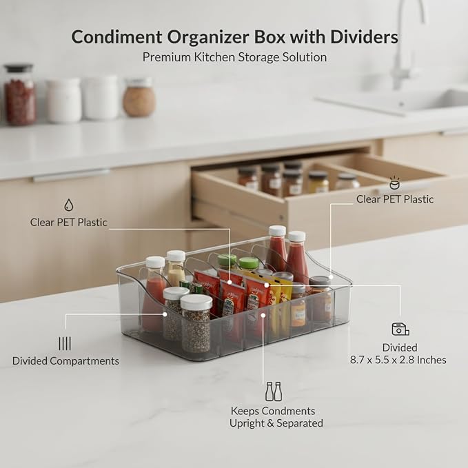 Condiment Organizer Box with Dividers, Clear PET Plastic Storage Caddy for Kitchen Drawers and Cabinets, 8.7 x 5.5 x 2.8 Inches (1 PC)