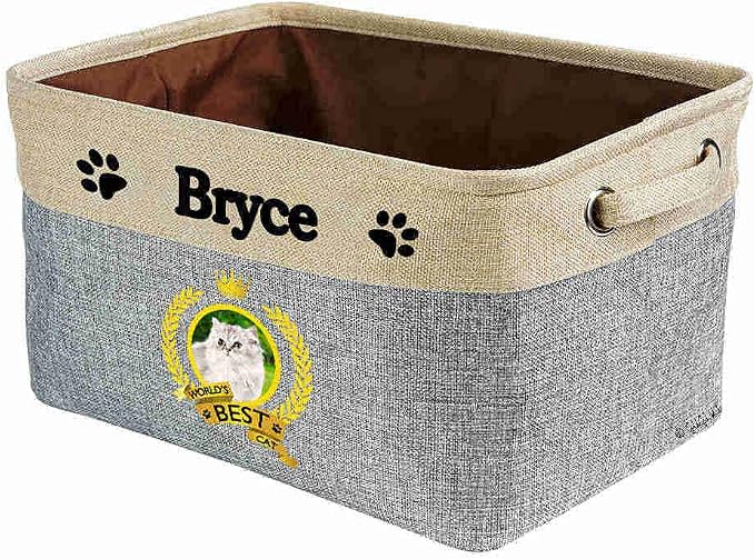 Custom Name Collapsible Dog Toy Storage Basket Bin World's Best Cat Lovely Persian Cat Foldable Pet Toy Box Closet Shelf Baskets Organizer for Bedroom Home Dog Cat with Handles Gray