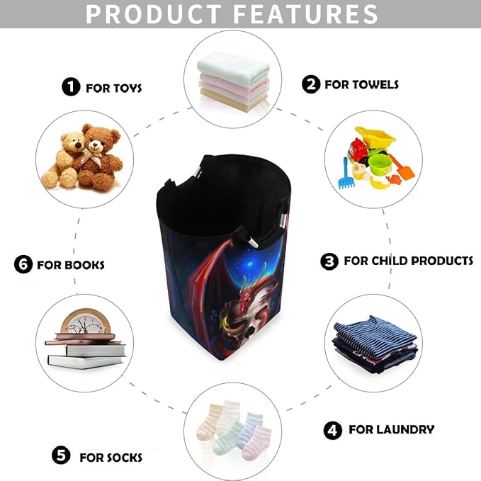 visesunny Red Dragon With Skull Large Laundry Bag Collapsible Oxford Fabric Laundry Hamper Foldable Portable Dirty Clothes Laundry Basket with Handles Waterproof Washing Bin Laundry Tote Bag
