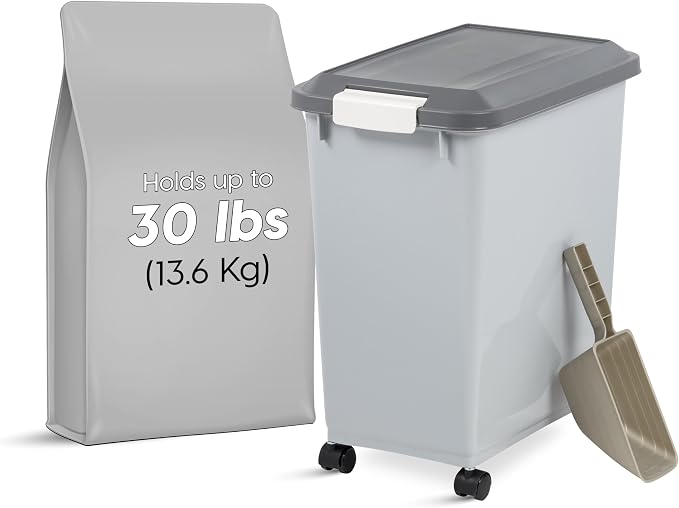 IRIS USA Dog Food Storage Container, Up to 30 lbs, Gray/Dark Gray | Made in the USA, Comes w/ Wheels & 2-Cup Scoop, Airtight Seal, BPA-Free, Kibbles, Bird Seed, Cat food, Cat Litter, Pellets