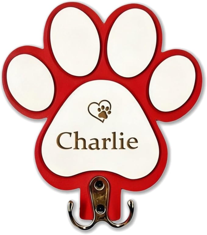 Custom Dog Leash Holder, Personalized Wooden Key Rack with Engraved Name, Wall Mounted Decor Pet Harness Collar Organizer Storage for Dog Lovers(Red)