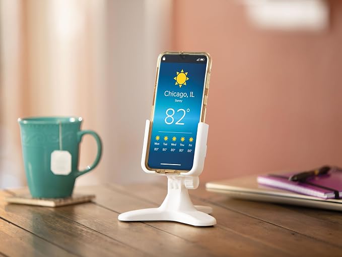 WeatherTech DeskFone in White - Adjustable, Universal Cell Phone Holder Mount Stand for Desk, Counter, Table - Tripod Design for iPhone & Smartphone Charging - Silver Metal Knobs