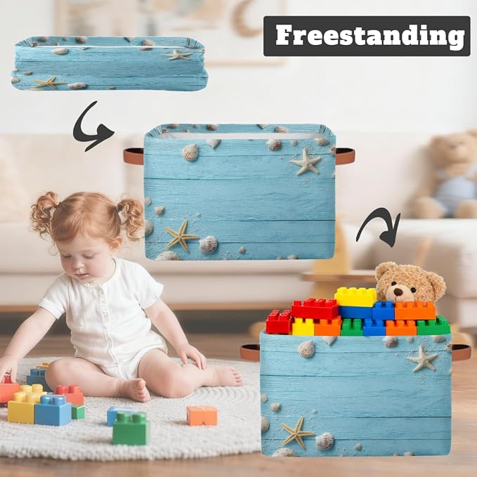Pardick Storage Baskets Bin, Summer Wood Seashell Starfish Collapsible Canvas Fabric Storage Bin Decorative Baskets Toy Organizer Rectangle Storage Boxes with handles for Home Shelves Nursery,A-6