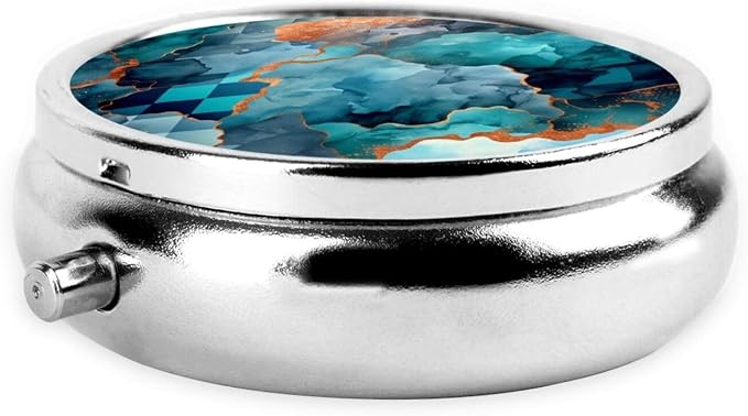 Luxury Watercolor Marble Blue Crackle Portable Pill Organizer | 3 Compartment, With Mirror, For Men Women, For Daily Supplements, Vitamins, Fish Oil, Jewelry, Candy, Travel