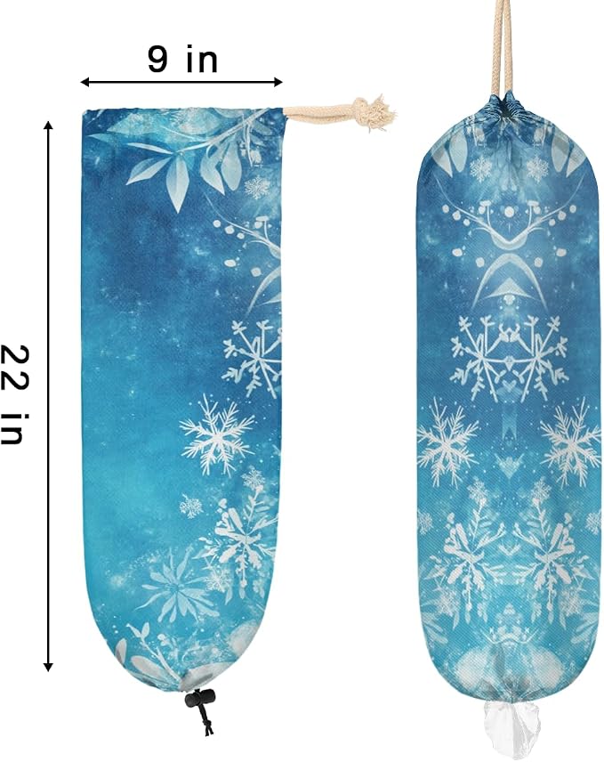 Winter Snowflakes Plastic Bag Holder Snow Blue Grocery Bag Storage Dispenser Washable Hanging Shopping Bags Carrier Reusable Wall Mount Trash Bag Organizer for Kitchen Pantry