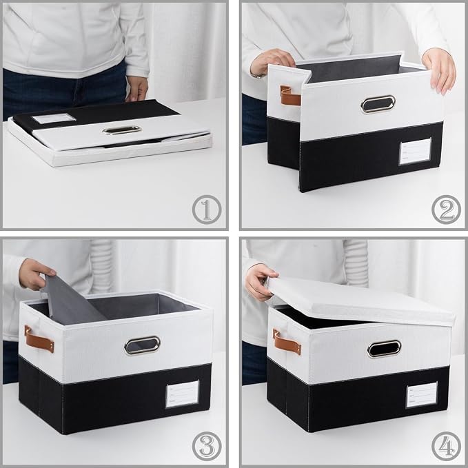 Foldable Storage Bins with Lids [3-Pack] Fabric Collapsible Storage Boxes Baskets Cubes Containers with Handles for Closet Living Room Bedroom (Black & White 17.7x11.8x11.8'')