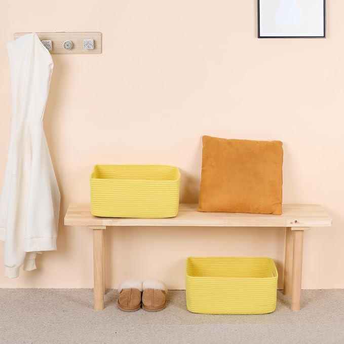 MiniArk Large Storage Baskets for Shelves, 17 x 13 x 7.5” Closet Organizers Bins for Clothes Blanket Towels, Baby Nursery, Toy Baskets Box, Woven Rope Baskets, 3 Packs Yellow
