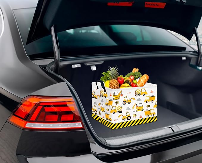 CLOCOR Rectangular Storage Basket,Collapsible Cute Pattern Storage Bin,Waterproof Box with Handles,Gift Basket(Engineering Vehicle)