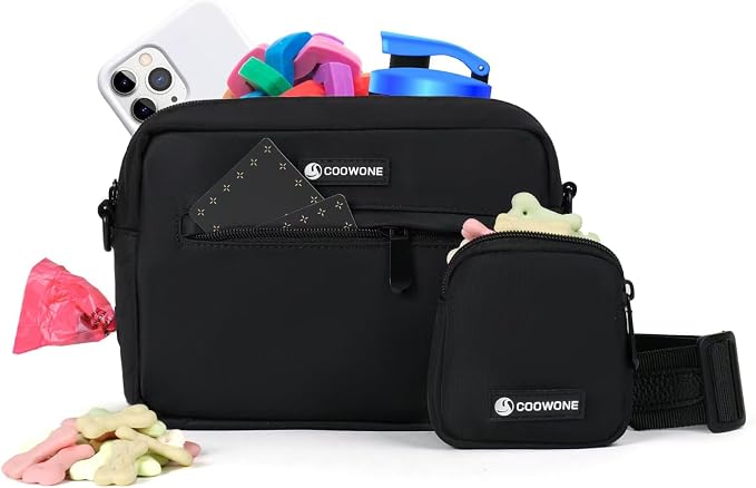 Dog Treat Pouch with Removable Small Pet Training Treat Pouches, Built-in Poop Bag Dispenser, Adjustable Shoulder Strap Cross Body Dog Walking Bag (Black)