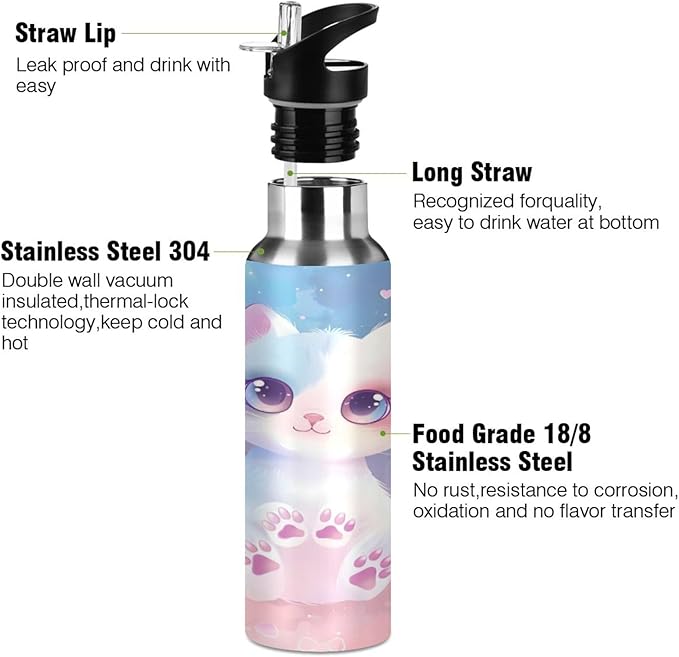 Cat Pet Pink Water Bottle with Straw Lid Kids Insulated Stainless Steel Water Flask Sports, 20 Oz Hot Cold