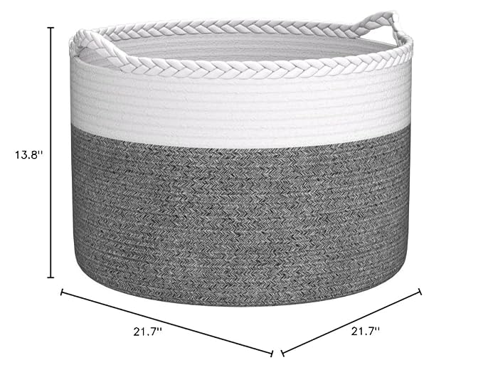 COMSE XXXLarge Woven Blanket & Laundry Basket, 87L, White & Black | 21.7" x 13.8", Cotton Rope, Nursery Hamper for Storage of Toys Clothes Towels, Ideal for Living Room Bedroom Bathroom