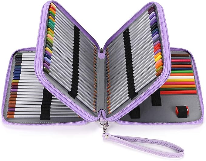 BTSKY Deluxe PU Leather Pencil Case For Colored Pencils - 120 Slot, Purple | Pencil Holder with Handle Strap Handy Colored Pencil Box Large for Artists, Adults Coloring, Sketching, Drawing
