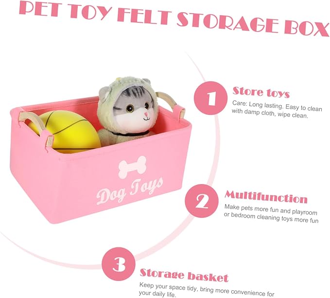 UKCOCO Pink Felt Pet Storage Box with Wooden Handles Large Square Organizer for Dog and Sundries Lightweight and Portable Household Basket for Home and Utility