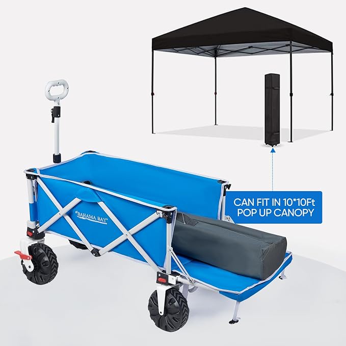 Old Bahama Bay 300lbs Extra Long 49" L Beach Wagon with Big Wheels with Brake for Sand, Collapsible Utility Beach Cart Heavy Duty Folding Wagon,Ideal for Outdoor Sand Camping Garden Pet