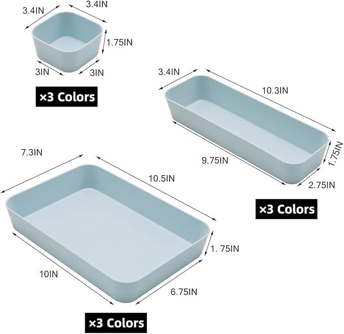 (9 Piece Set) Large Size Plastic Desk Drawer Organizers For Makeup Bathroom Office Kitchen Three Colors