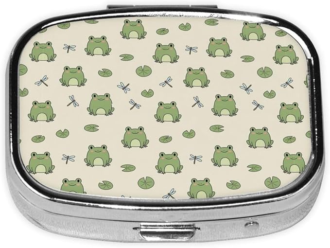 Metal Vitamin Case Tiny Pill Organizer Purse Clip-On Daily Supplement Container Gym Bag, Green Frog Animal Cute Frogs