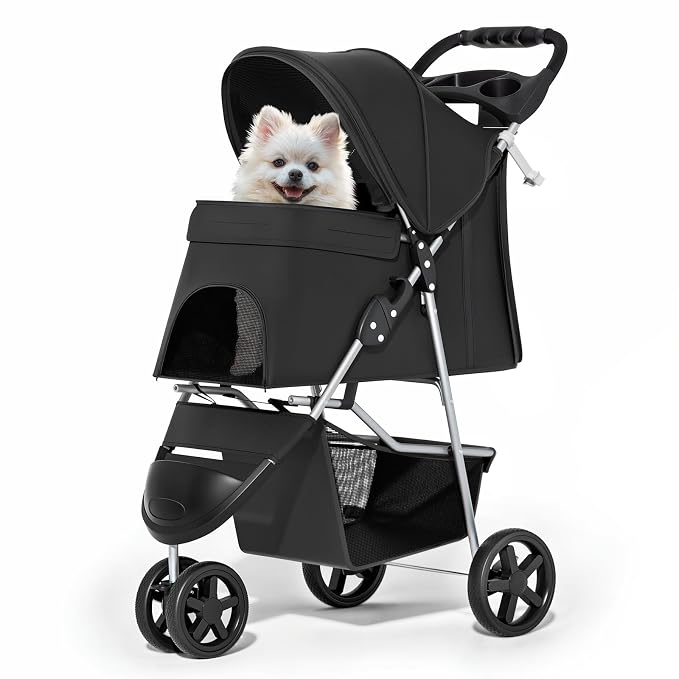MoNiBloom Pet Stroller for Small/Medium Dogs and Cats up to 33 lbs, Black | Foldable Dog Stroller 3 Wheels Pet Strolling Cart w/ Storage Basket Cup Holder, Breathable and Visible Mesh for All-Season