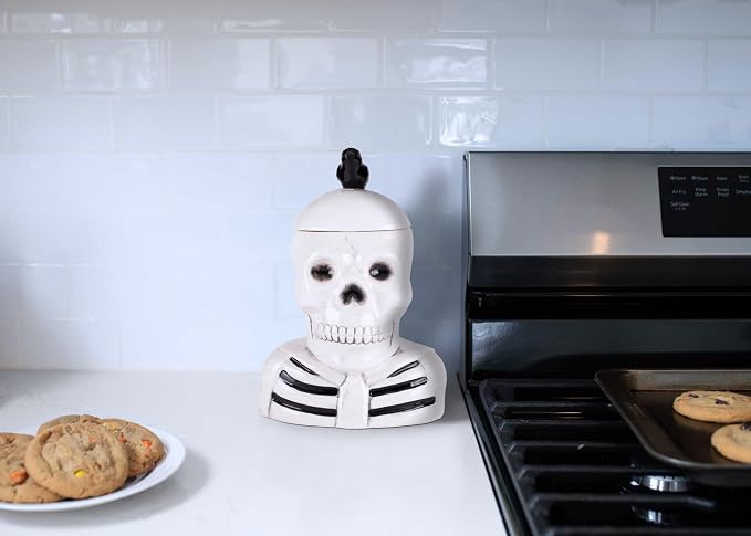Dolomite Ceramic 12 x 8.5 Halloween Cookie & Candy Jar with Airtight Lid: Perfect for Kitchen Canisters, Pet Treat Containers & Fall Decorative Candy Dish, Skeleton with a Crow