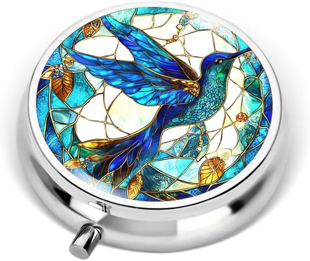 Portable Round 3 Compartment Metal Pill Box Bohemian Translucent Hummingbird Dream Catcher Colorful Design for Travel Daily Medications Home Organization