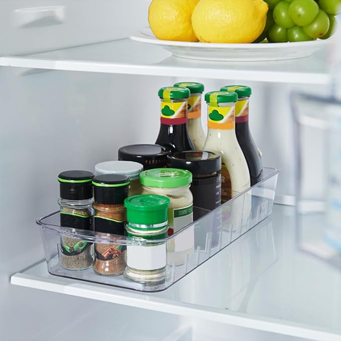 2 Pack Fridge Organizer Bins with Wheels, Refrigerator Organizers and Storage Drawer with Removable Dividers, Clear Plastic Pantry Storage Bins, Kitchen Organization
