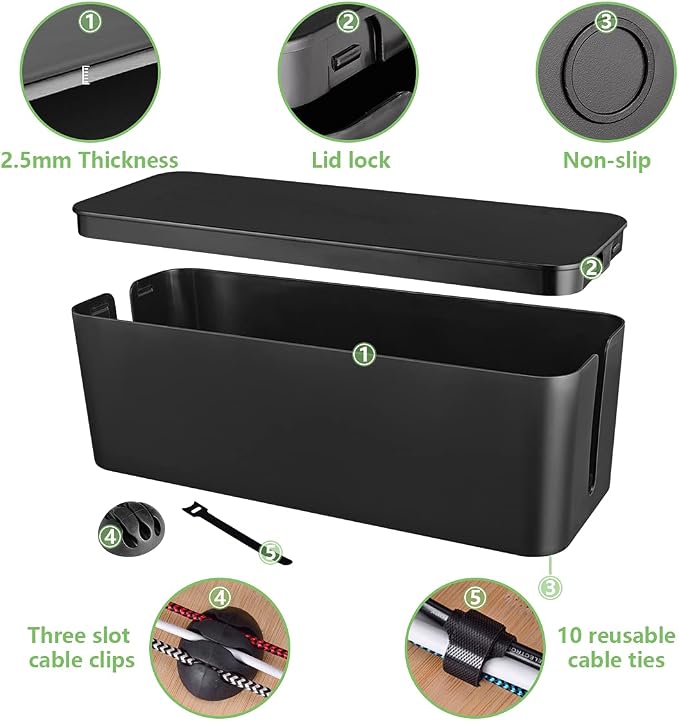 Cable Management Box, Large Cord Organizer Box to Hide Power Strip | Under Desk Cable Organizer, TV Computer Wires Cord Organizer, Cable Management Set, for Home/Office