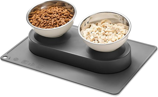 Marchul Stainless Steel Elevated Dog Food Bowls Set with Spill Proof Dish Mat, Raised Tilted Cat Bowl for Healthy Digestion, 1-Second Detachable & Dishwasher Safe