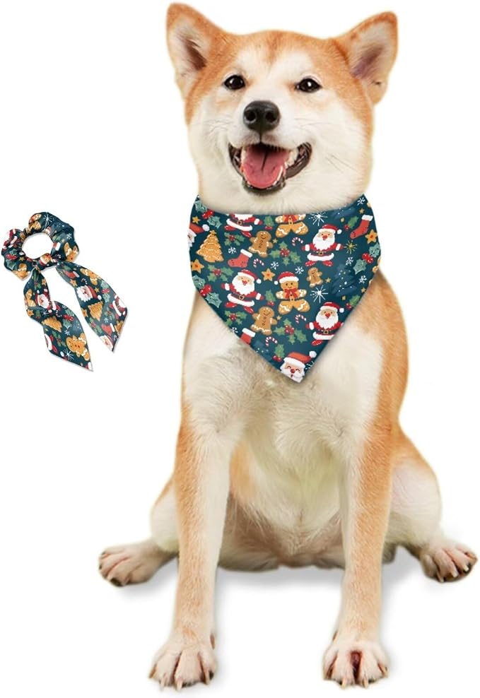 COEQINE Dog Bandanas Small Breed Christmas Bow Hair Tie for Large Dogs Xmas Sock Navy Santa Claus Pattern Hair Tie Holder Organizer Set 2 Pcs Birthday Holiday Clothes Funny Cosplay