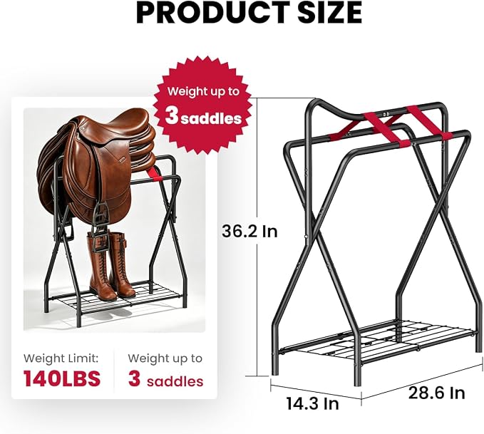 Portable Saddle Rack for English and Western Saddles, Folding Horse Saddle Stand with Bottom Storage for Horse Stable Equipment, Saddle Pad Rack, Black | Portable, High-grade Steel