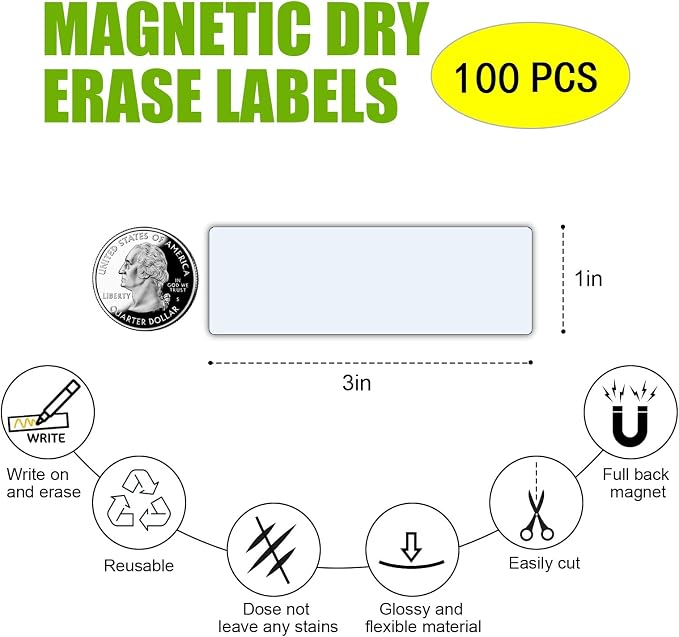 STTMGN Dry Erase Magnetic Name Tags,Magnets for Classroom(1x3,Pack of 100),Write On Labels,Waterproof/Reusable for Office&File Cabinet&Whiteboard&Fridge(White)