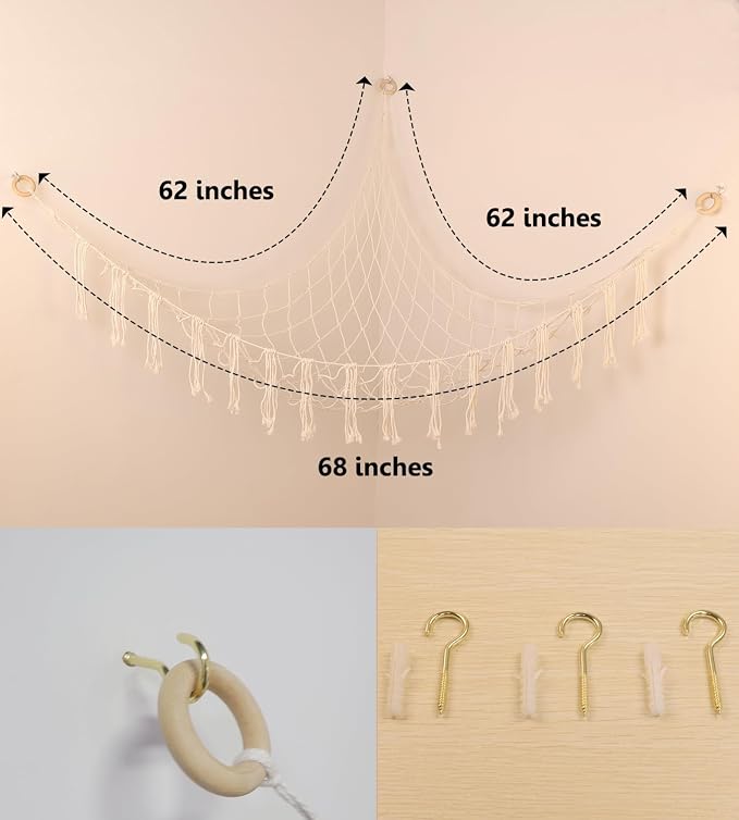 100% Cotton Handmade Stuffed Animal Storage Hammock, Large | Macrame Corner Toy Net, 6 inches Tassels, For Nursery Bedroom