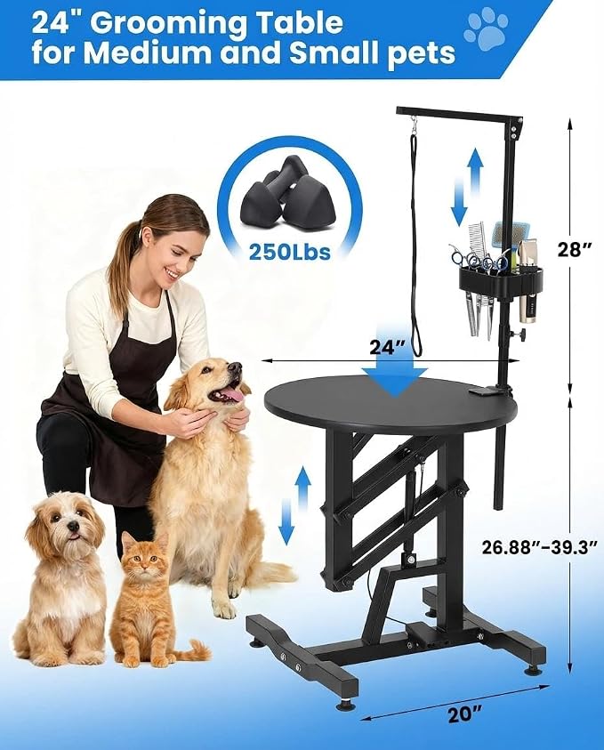 24" Hydraulic Lift Dog Grooming Table – Adjustable Height, 250LB Capacity, Non-Slip Silicone Top, Foldable for Home & Salon Use