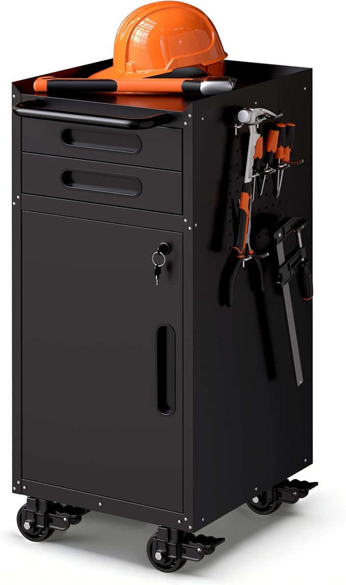Garage Storage Cabinet,Metal Rolling Tool Cabinet with 2 Pegboard and 10 Hook,Heavy Duty Mechanics Tool Chest Storage for Workshop, Basement,Warehouse,Include Workbench Liner,Black