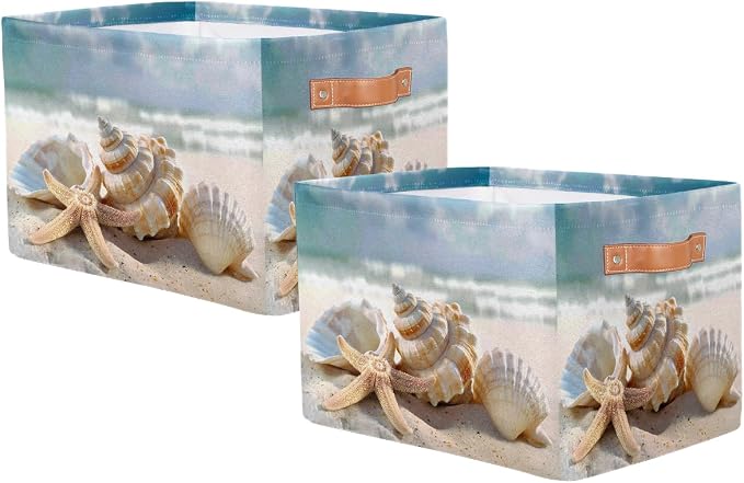 SEULIFE Summer Ocean Sea Beach Seashell Starfish Foldable Storage Basket, Large Collapsible Organizer Storage Bin Cube Toys Storage Boxes with Handles for Bathroom Kids Nursery Closet Storage, 2 Pack