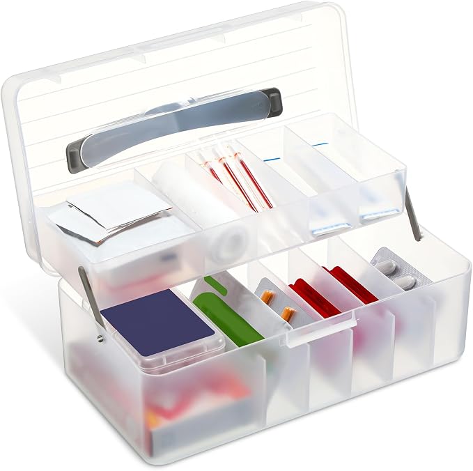 Honeydak 1 Pcs Clear Bandage Organizer, 2 Tier First Aid Box with Handle | Durable Plastic, Folding Storage Holder for Cabinet, Large Portable Medicine Container for Home, School, Travel Supplies
