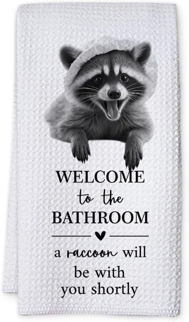 KIDEAR Funny Raccoon Bathroom Decor Welcome to The Bathroom Hand Towel,1 PCS Cute Raccoon Kitchen Towels for Toilet Wall Decorations,Cute Animal, Gifts for Women, Pet Owners Housewarming - A02