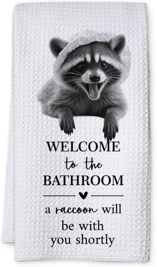 KIDEAR Funny Raccoon Bathroom Decor Welcome to The Bathroom Hand Towel,1 PCS Cute Raccoon Kitchen Towels for Toilet Wall Decorations,Cute Animal, Gifts for Women, Pet Owners Housewarming - A02