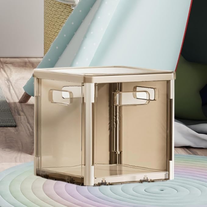 Foldable Storage Box Stackable Organizer Bin Container with Lid and Handles Portable Lightweight Dustproof PET Suitable for Clothing Bedding Books, Light Gray