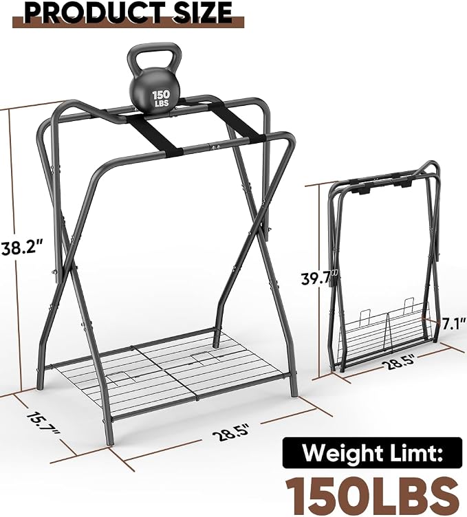 Queension Foldable Saddle Rack with Bottom Storage for Horse Stable, Black | Portable Horse Saddle Stand for English & Western Saddles, Saddle Pad Rack for Horse tack, Horses Blanket