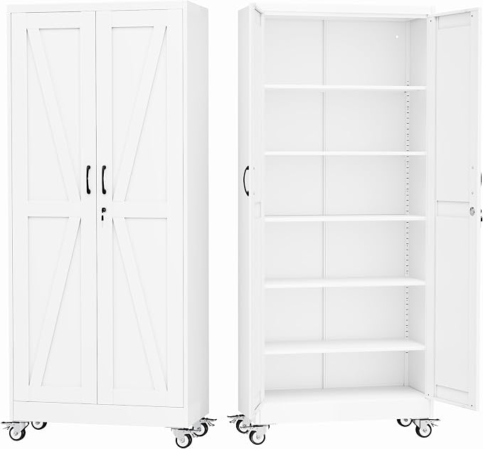 GAIOUS 74.8" Tall Metal Storage Cabinet with Lock and Wheels, File Cabinet | for Home Office, Garage Storage Cabinets with 2 Door and 5 Adjustable Shelves, Rolling Tool Cabinet, Utility Cabinet, White