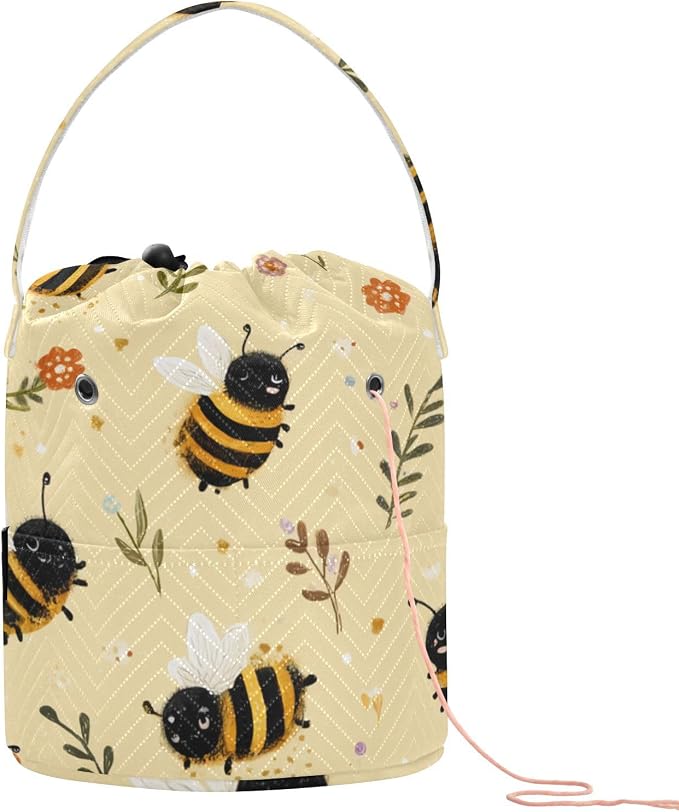 Tatenale Crochet Bag Yarn Bag Knitting Project Bag with Pockets and Handle Portable Yarn Storage Organizer Tangle Free 8.3x11 InchLight Yellow Bees Flowers Dots24