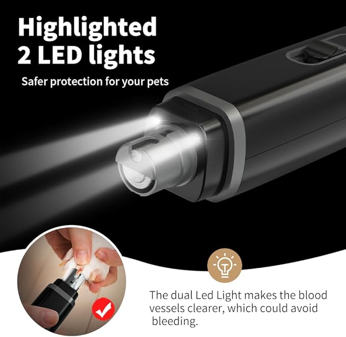 Pet Nail Grinder for Dogs & Cats, 2-Speed Electric Pet Nail Trimmer with LED Light, Painless Paws Grooming & Smoothing for Small Medium Large Dogs & Cats, Black