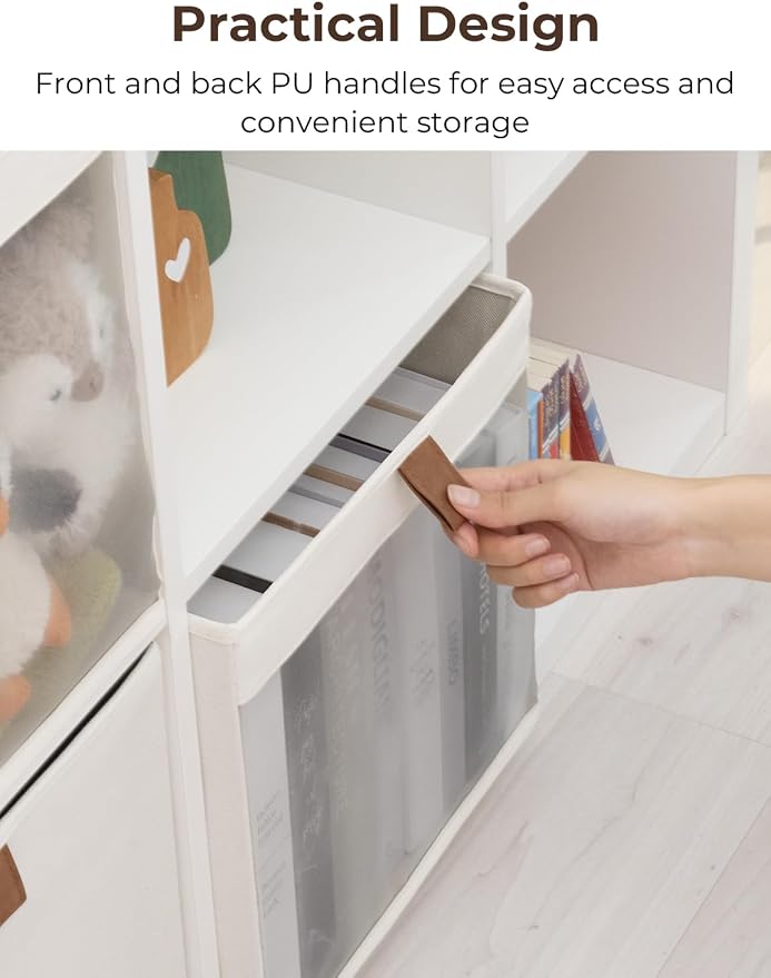 StorageWorks 13x13 Storage Cubes, Fabric Storage Bins, Beige, 3-Pack | Clear Window for Visibility, 2 Soft Leather Handles, Collapsible, Flip to Show/Hide, Storage Baskets for Closet, Shelf, Cubby